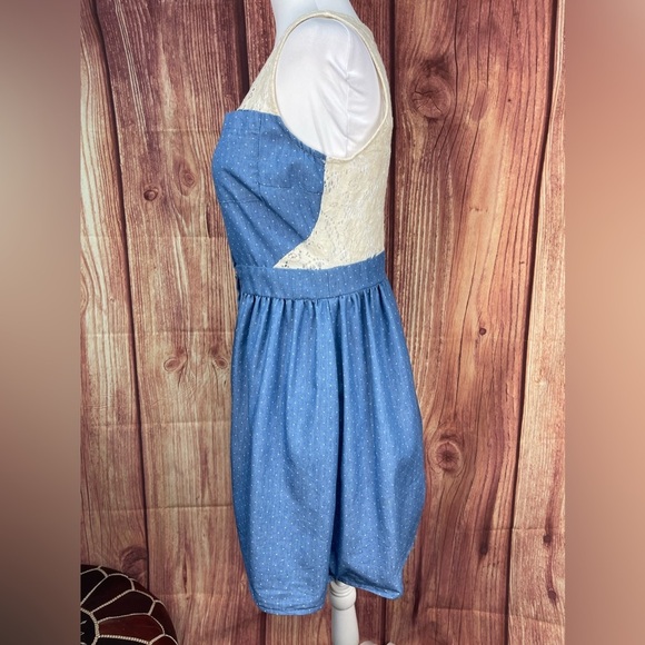 Monteau cream lace blue cotton sleeveless button boho country mini dress size M - Picture 6 of 17
